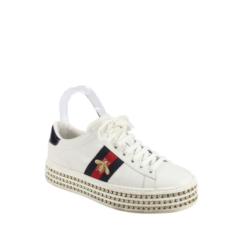 Gucci Womens Crystal Embellished Ace Web Platform Sneakers Shoes White Sz 6